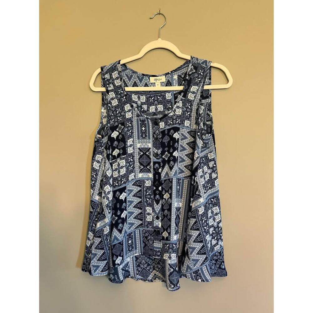 Style & Co Aztec Plaid Button-up Print Tank Top Blue Flowy Women's S Oversized